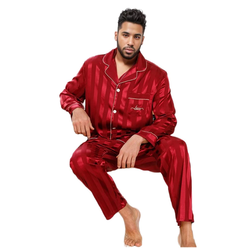 CHINEE Men's Summer Knitted Breathable Loungewear Sleepwear Casual Home Wear with Satin Long Sleeves and Pants Pajama Sets