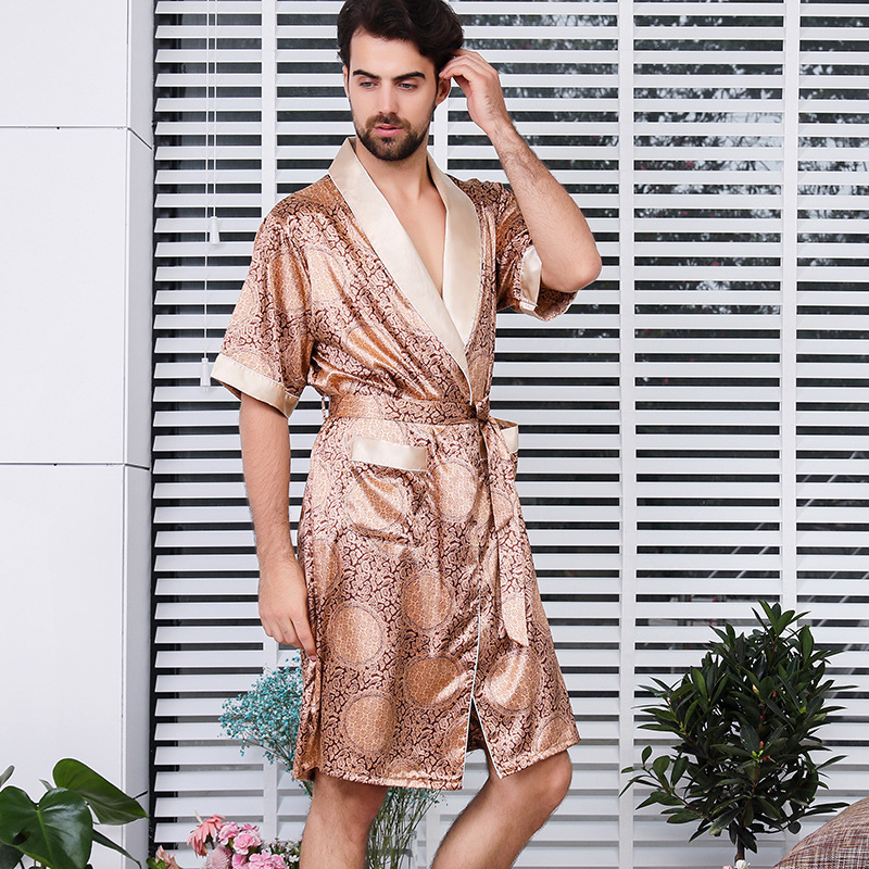 CHINEE Men's Summer Short Sleeve Robe Pockets Breathable Imitated Silk Sleepwear Home Use European American Style Print