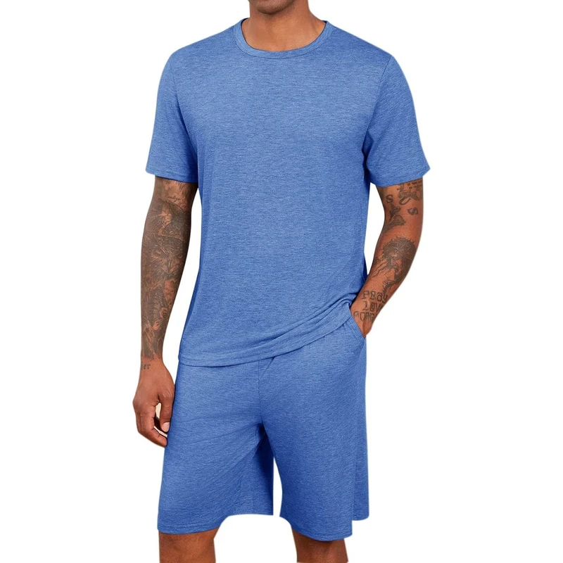 CHINEE Men's Summer Sleepwear Casual 2 Piece Silk and Modal Pajama Sets Short Sleeve T Shirts and XL Shorts for Lounge Use