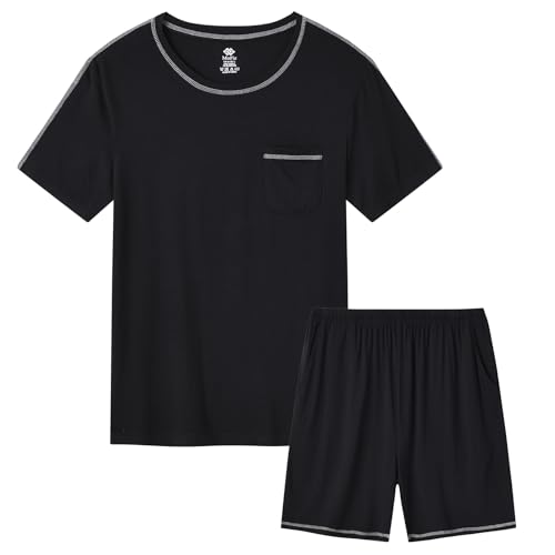 CHINEE Men's Summer Waffle Pajama Sets Soft Casual Sleepwear Short Sleeve Top Shorts Chest Pocket Solid Black 95% Modal Loose Fit EU
