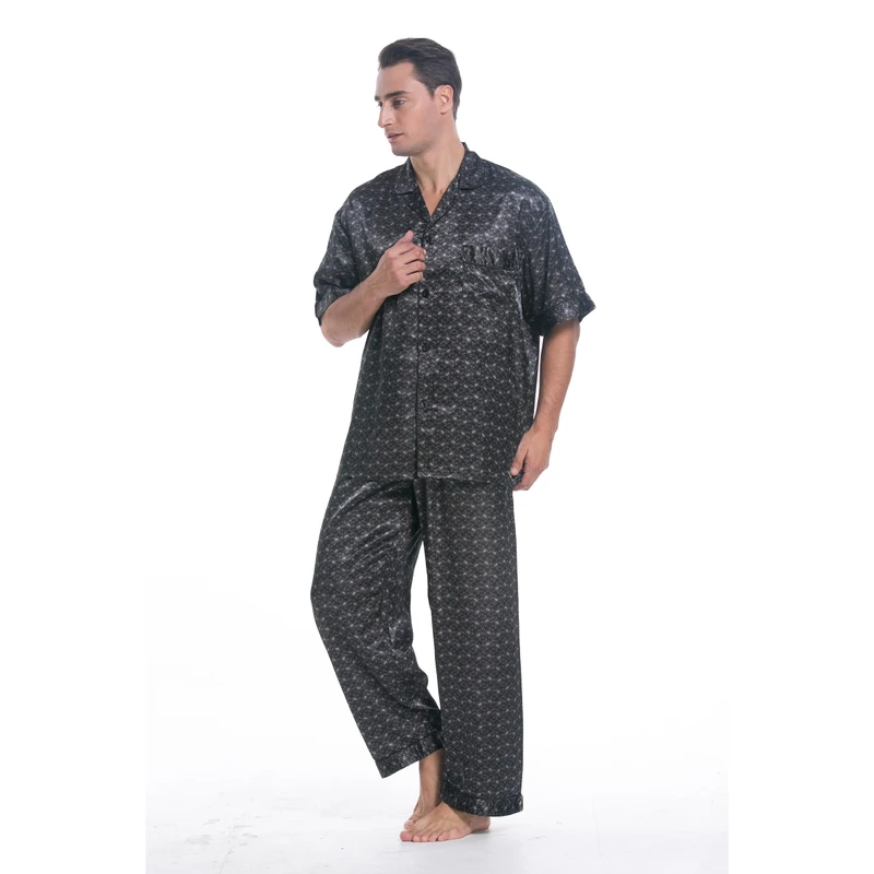 CHINEE Men's Thermal Satin Pajama Set Full Length Modern Style Printed Sleepwear Soft Cozy Stain Silk Combo Grey Black Men's Pajamas