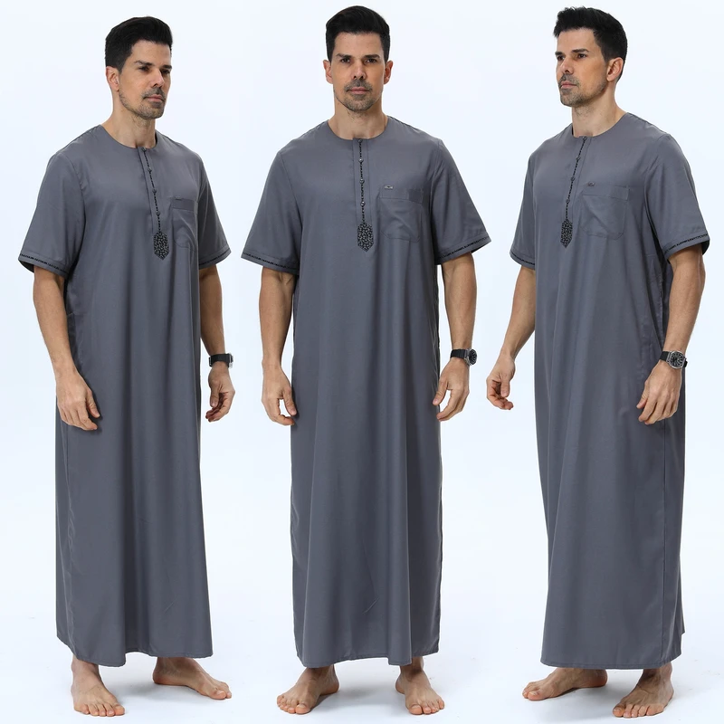 CHINEE Men's Traditional Arabic Robe Moroccan Thobe Breathable Viscose Material Short Sleeves Button Closure Summer Cross Border Ankle