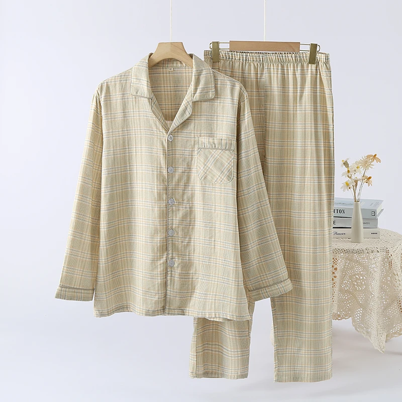 CHINEE Men's Two Piece Casual Sleepwear Set Breathable 100% Cotton Plaid Pattern Pajama Set Soft and Smooth for Summer