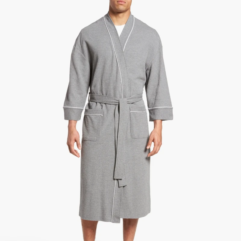 CHINEE Men's Waffle Knit Breathable Long Robe with Custom Logo Printed and Embroidered Pattern Solid Color pajama set custom