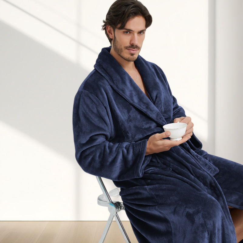 CHINEE Men's Winter Robe Cardigan Pajamas Plain Dyed Long Sleeved Flannel Nightgowns