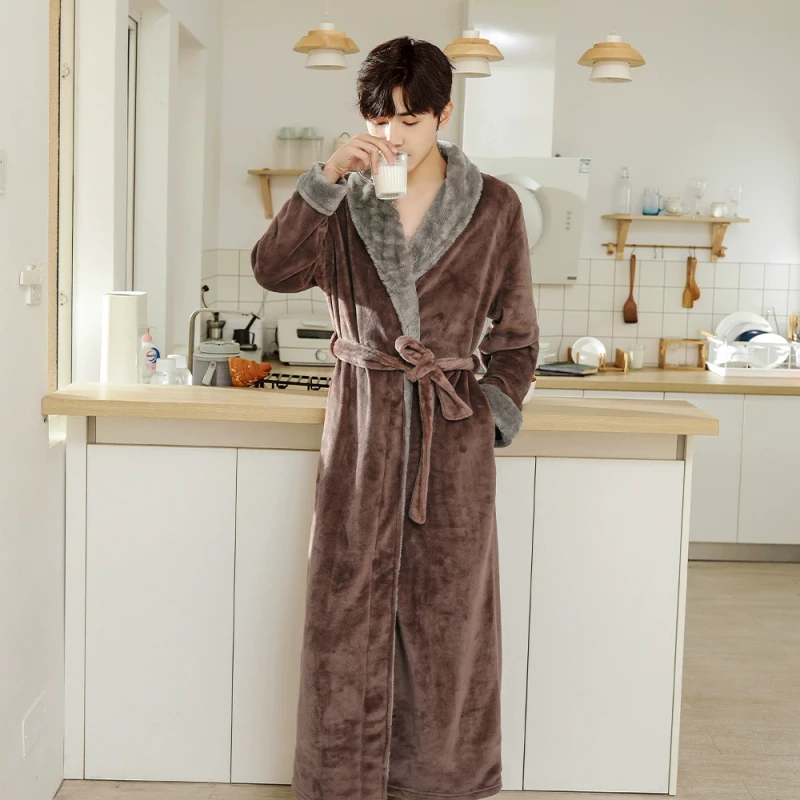 CHINEE Men's Winter Robe Cardigan Pajamas Plain Dyed Long Sleeved Flannel Nightgowns