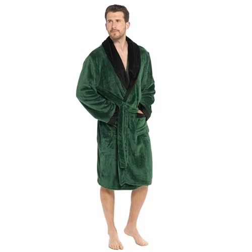 CHINEE Men's Winter Robe Cardigan Pajamas Plain Dyed Long Sleeved Flannel Nightgowns