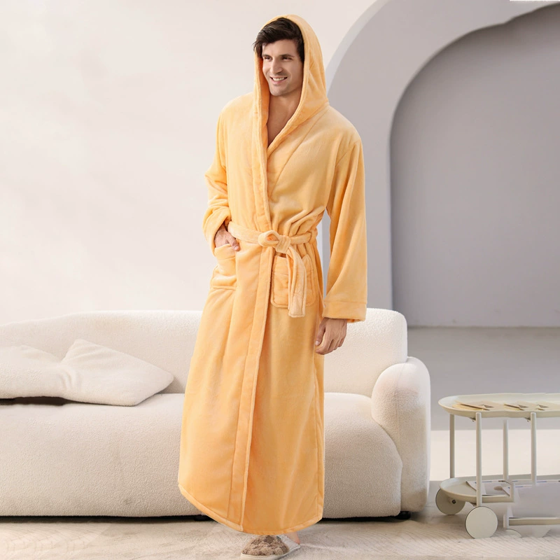 CHINEE Men's Winter Robe Cardigan Pajamas Plain Dyed Long Sleeved Flannel Nightgowns