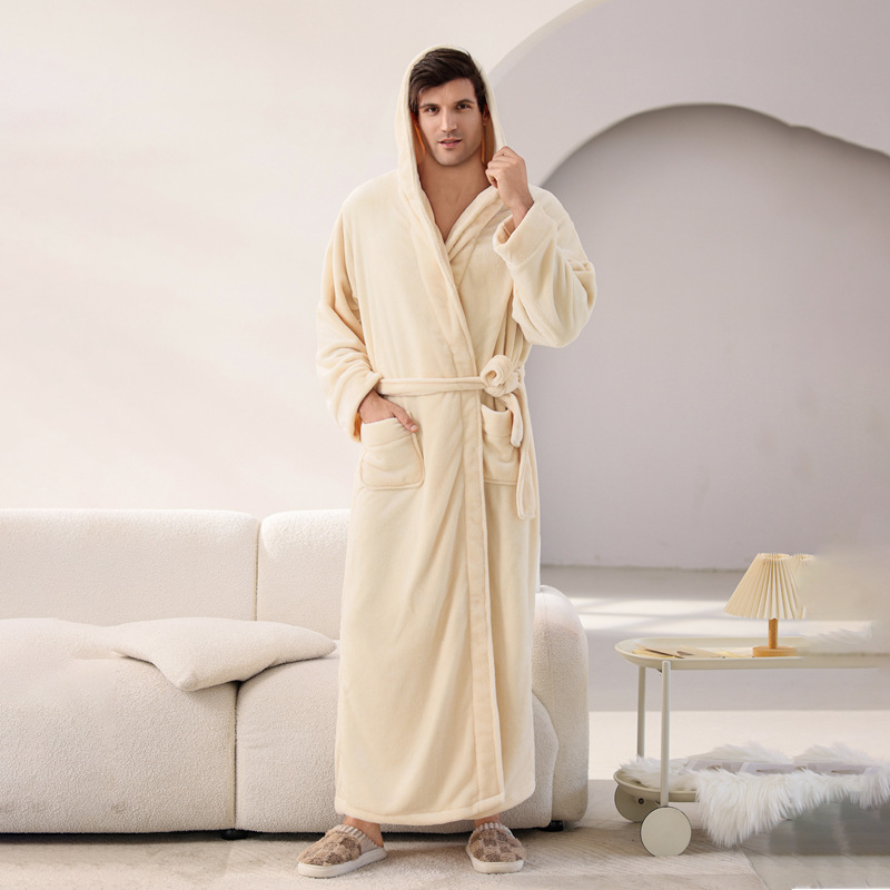 CHINEE Men's Winter Robe Cardigan Pajamas Plain Dyed Long Sleeved Flannel Nightgowns