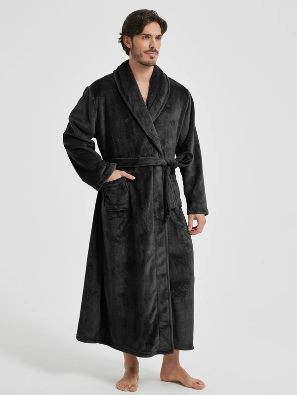 CHINEE Men's Winter Robe Cardigan Pajamas Plain Dyed Long Sleeved Flannel Nightgowns