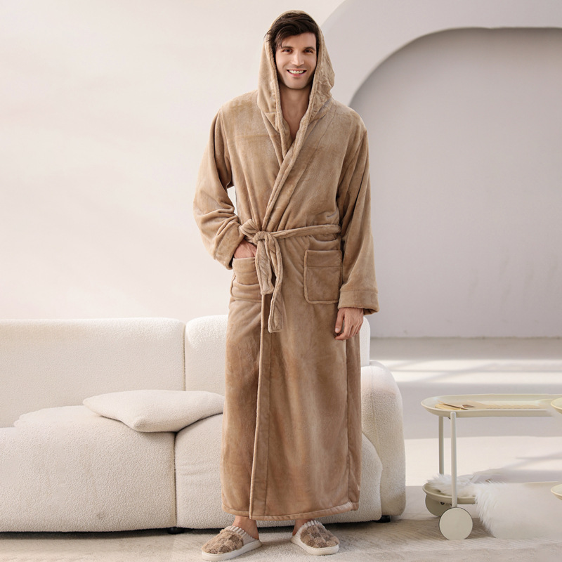 CHINEE Men's Winter Robe Cardigan Pajamas Plain Dyed Long Sleeved Flannel Nightgowns