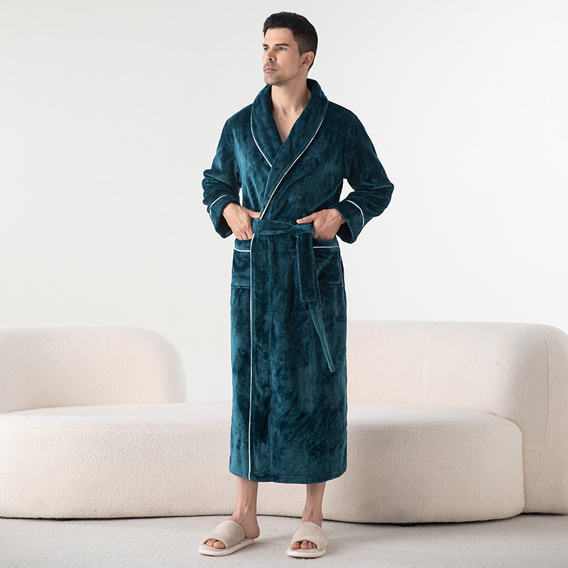 CHINEE Men's Winter Robe Cardigan Pajamas Plain Dyed Long Sleeved Flannel Nightgowns