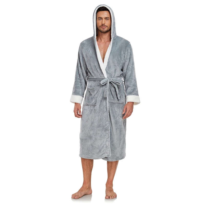 CHINEE Men's Winter Robe Cardigan Pajamas Plain Dyed Long Sleeved Flannel Nightgowns