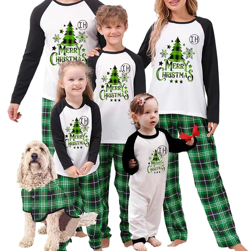 CHINEE Merry Christmas Family Matching Pajamas Sets Cute Xmas Trees Printed Color Blocked Tops Plaid Pants Outfits