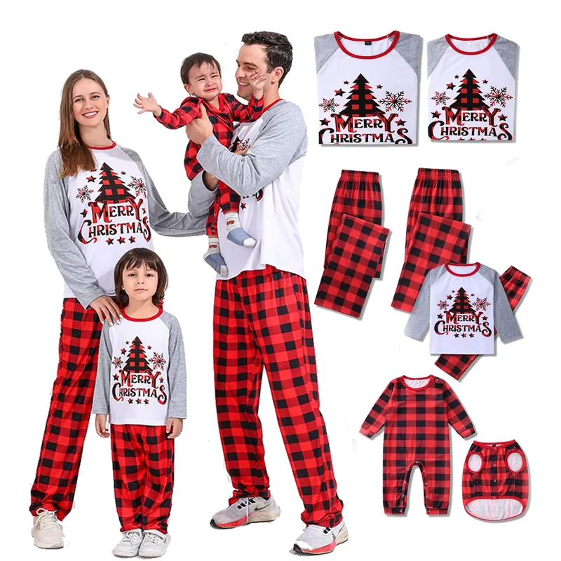 CHINEE Merry Christmas Pajamas Family Long Sleeve Cotton Xmas Pyjamas Pjs 2pcs Set Mom Dad Kids Dog Christmas Pajamas Family