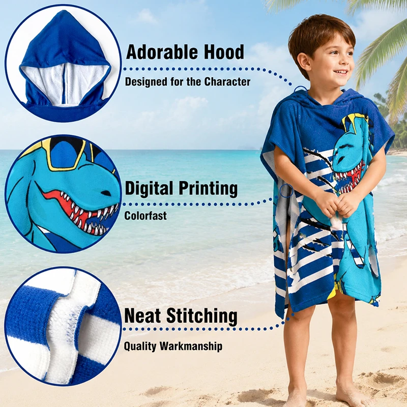 CHINEE Microfiber Kids Hooded Poncho Beach Towel Digital Printed Children Changing Robe Sun Protection Windproof Quick Dry Swim Cape