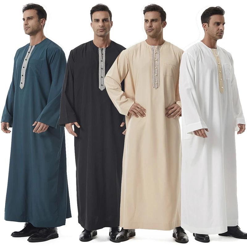 CHINEE Middle East Men Thobe Islamic Clothing Long Sleeve Lace Crew Neck Thobe Thawb Caftan Arab Dubai Breathable Prayer Men Thobe