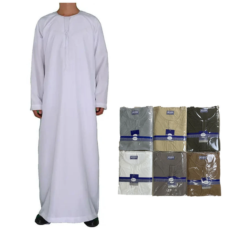 CHINEE Middle Eastern Men's Arab Robe Polyester Solid Color Pocket Design Neck Long Style Factory Direct Export In Stock