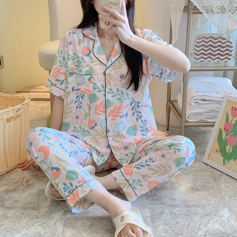 CHINEE Milk Silk Women's Sleepwear Set Women Summer Printed Pajamas Suit Ladies Home Wear