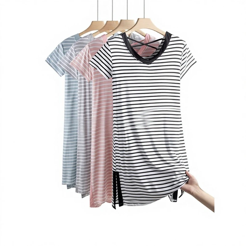 CHINEE Modal Breathable ODM Summer Knitted Women's Striped Short Sleeve Knee Length Nightdress Chest Pad Home Clothes Cup One piece
