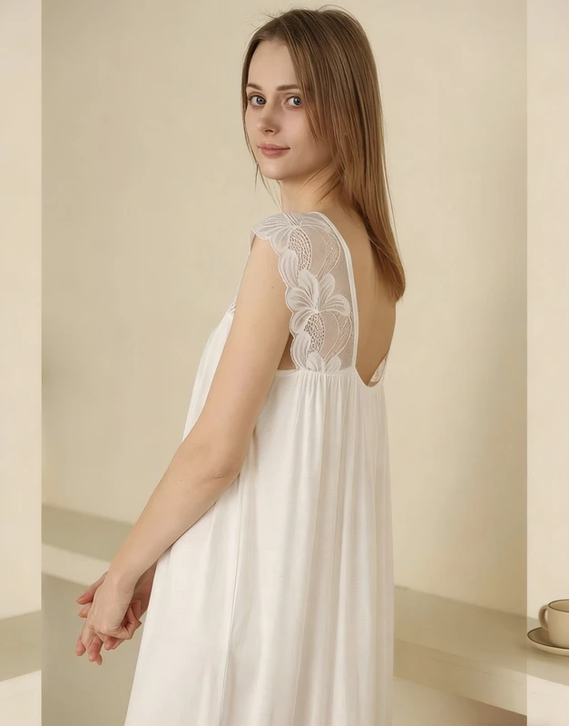 CHINEE Modal Nightgown Women's French Style Lace Trim Long Maxi Sleep Dress Loose Fit Plus Size Breathable Lightweight Open Back
