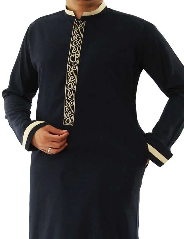 CHINEE Modern Men Jubbah Thobe with Front Buttons Navy Blue 100% Polyester Floor Length Elegant Robe