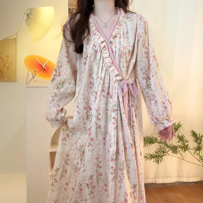 CHINEE Women's Floral V Neck Knitted Polyester Nightgown Bathrobe Quick Dry Long Sleeved Elastic Waist Closure Autumn