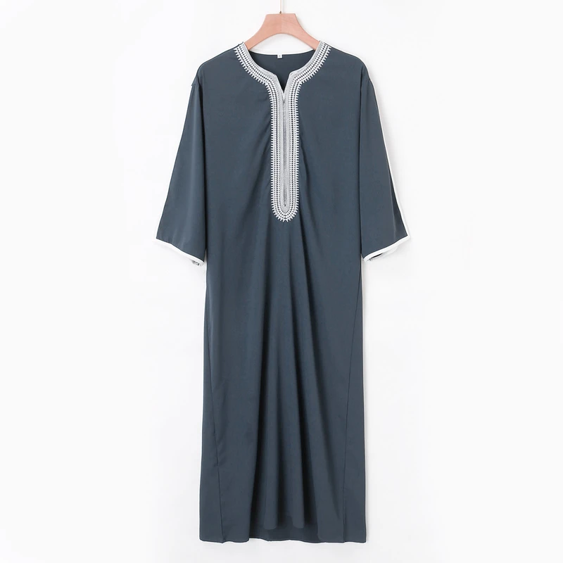 CHINEE Moroccan Style Men's Djellaba with Embroidery Trim Islamic Thobe Robe for Muslim Small MOQ