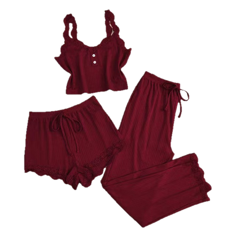 CHINEE Multi Color Women's French Romantic Woven Breathable Loungewear Cami Shorts Pants 3 Piece All Season Pajama Set