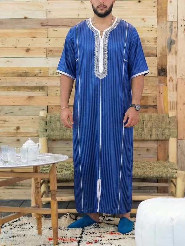CHINEE Muslim Men's Breathable Long Robes Short sleeved Embroidered Striped Moroccan African Style Abaya Design