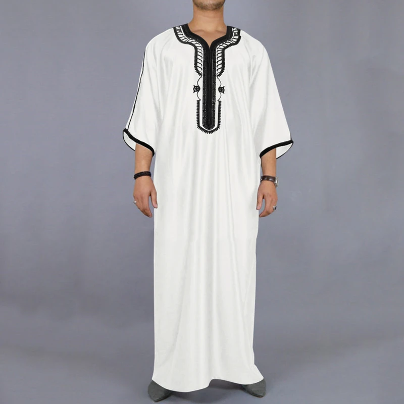 CHINEE Muslim Men's Robe Arab Middle Eastern Men's White Thobe Turkey Pakistan Dubai Men's Shirt for Daily Wear