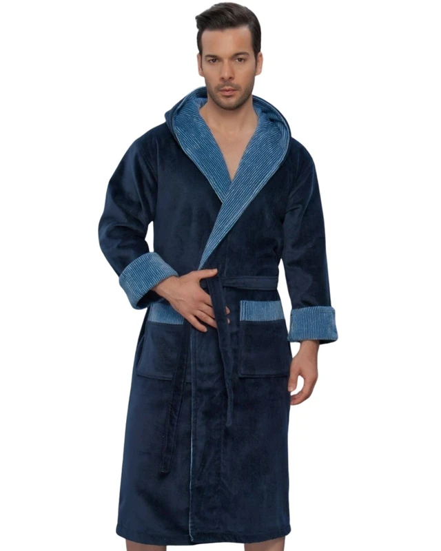 CHINEE Navy Blue Hooded Men Bathrobe With Stripe Lining Soft Plush Long Robe With Belt And Pockets Warm Cozy Luxury Winter Home Wear