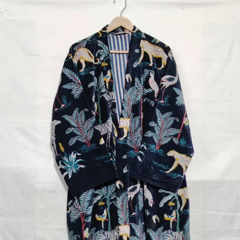 CHINEE-Navy-Blue-Jungle-Print-Velvet-Kimono-Robes-Morning-Tea-Velvet-Coat-Bridesmaid-Robe-Women-Wear-Cotton-Velvet-Robe