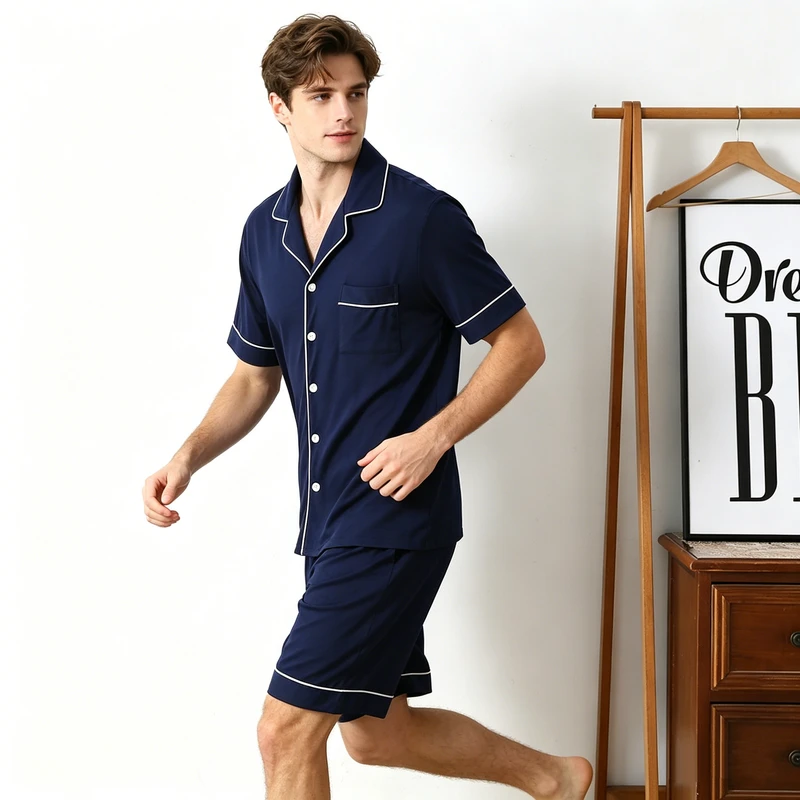 CHINEE Navy Blue Mens Pajama Set Short Sleeve Button Down Sleepwear With White Contrast Piping Two Piece Loungewear Homewear