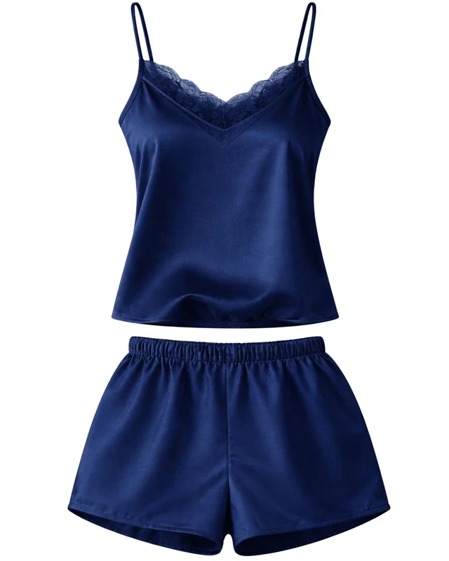 CHINEE Navy Blue Satin Camisole Shorts Set Women Sleepwear Lace Trim Spaghetti Strap Soft Breathable Summer Nightwear Pajama Set Lounge
