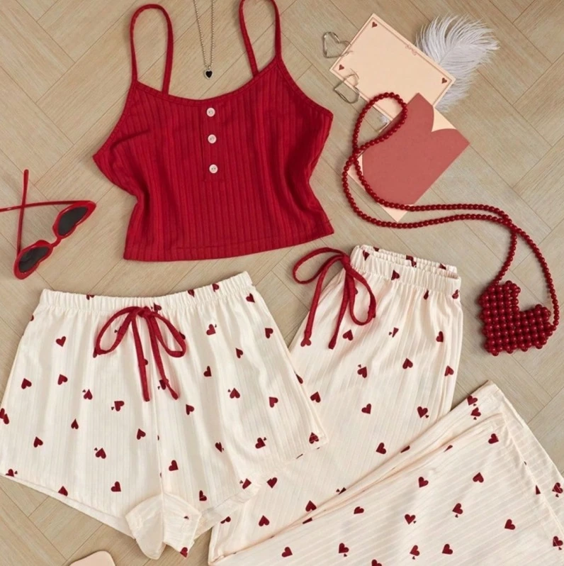 CHINEE New 4 Color Heart Woven Casual Camisole Shorts and Long Pants Pajama Set Designed for Women's Home Wear