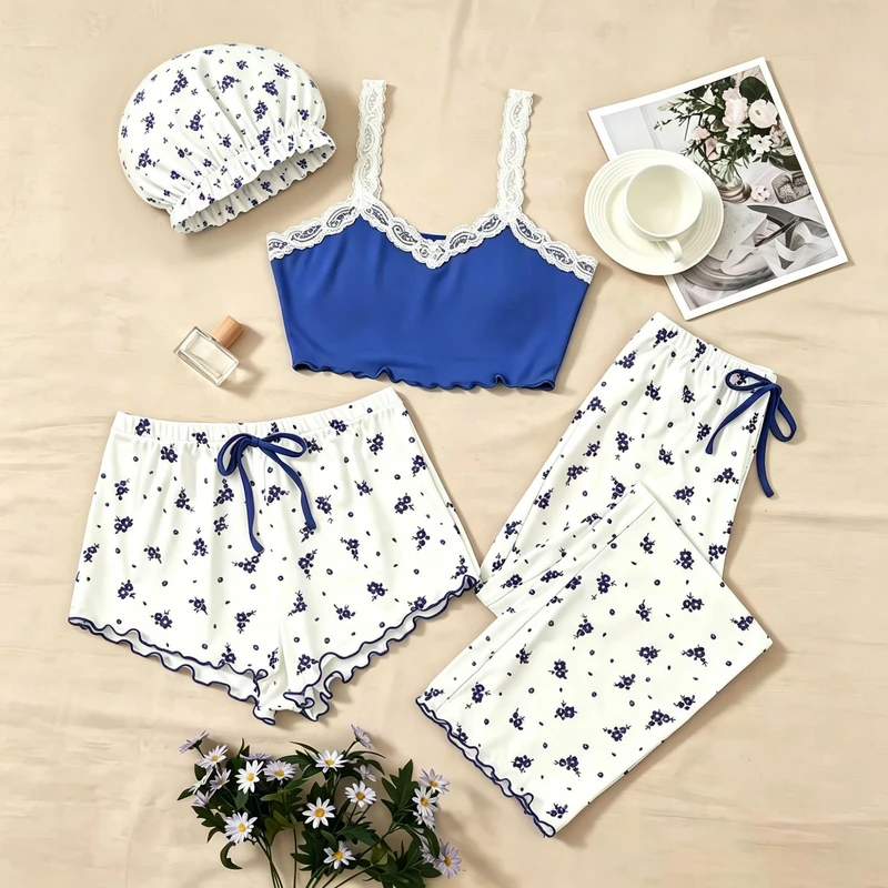 CHINEE New 4 Piece Women's Printed Camisole Lounge Set Casual Sexy Pajamas Suitable for Outdoor Wear