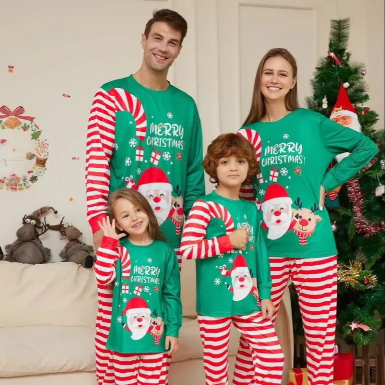 CHINEE-New-Arrival-Christmas-Family-Matching-Pajamas-Parent-and-Kids-Green-Color-Printed-Loungewear-Set