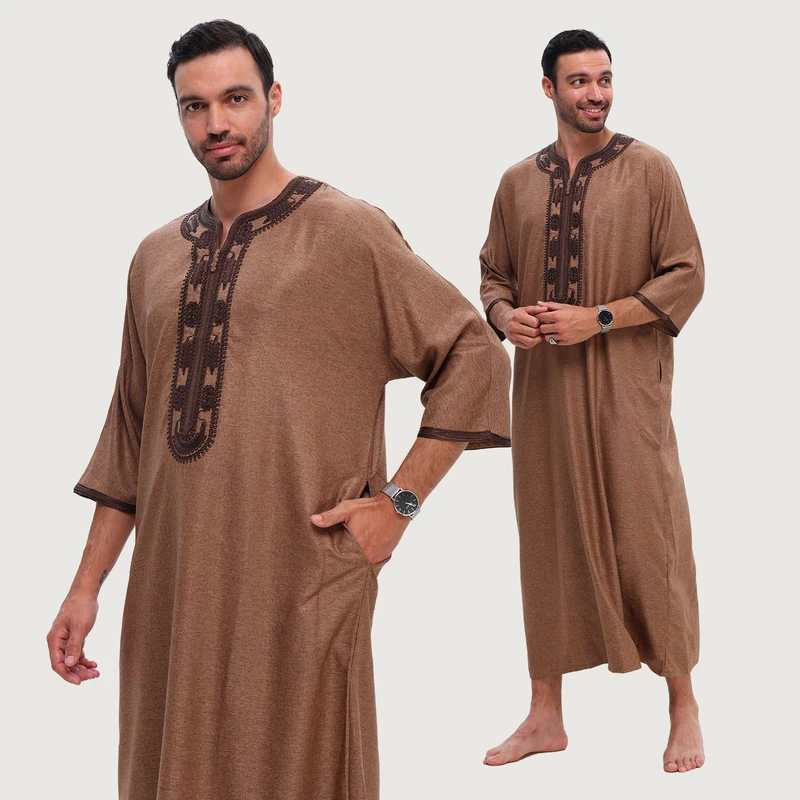 CHINEE New Arrival Men's Robe Morrocan Jellaba Embroidery Ethnic Style Half Sleeve Jubbah Men's Thobe for Daily Wear