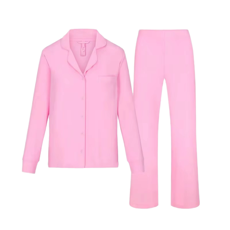 CHINEE New Arrival Solid Color Modal Ribbed Pajamas Set for Women Long Sleeve Casual Sleepwear Loungewear Buttons for Autumn Spring