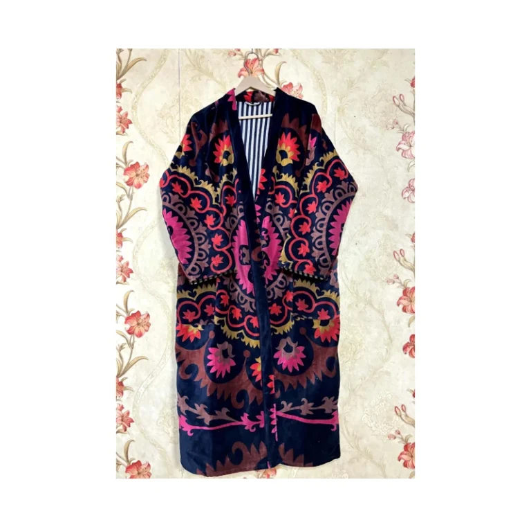 CHINEE New Arrival Velvet Suzani Print Kimono Robe Plus Size Reversible Long Bath Robe
