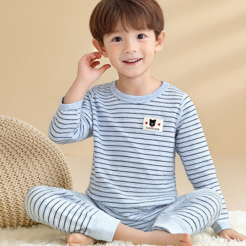 CHINEE New Arrival Warm Jersey Cotton Striped Kids Pajamas Set with Cartoon Patch Spring Long Sleeve Toddler Sleepwear