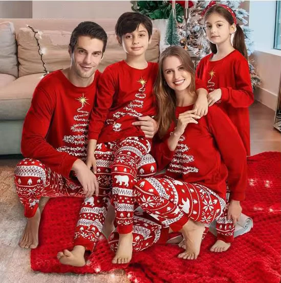 CHINEE New Autumn Winter Collection 5 Pcs Family Matching Santa Claus Printed Polyester Cotton Thermal Pajamas for Christmas