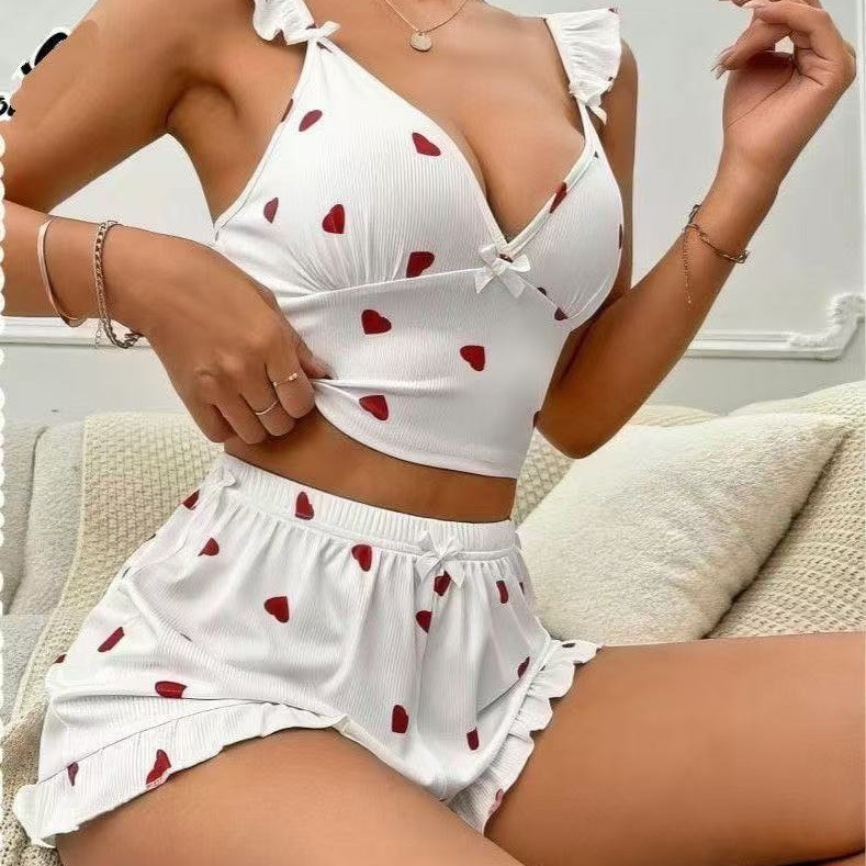 CHINEE New Casual Camisole Pajamas for Women Comfortable Shorts with Heart Print 2 Piece Set Summer Soft Loungewear Sleepwear