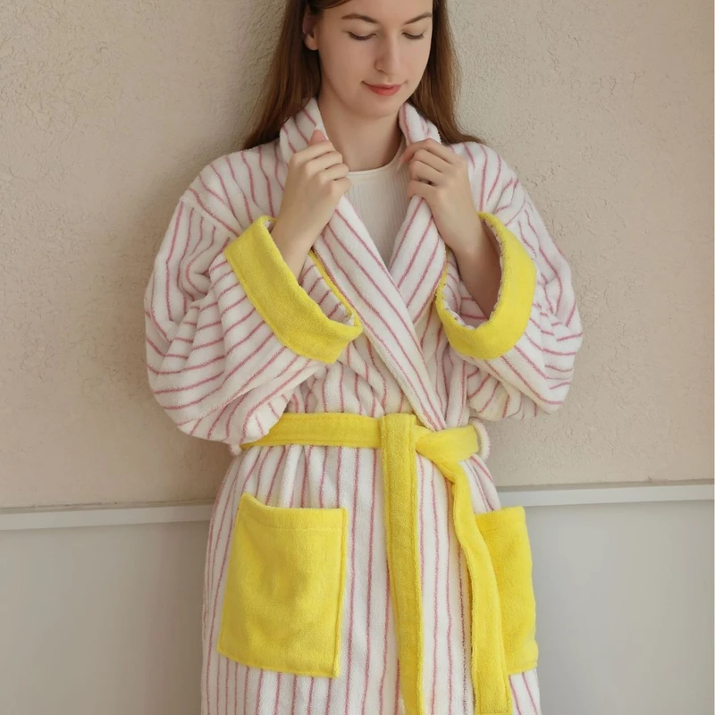 CHINEE New Color Matching Luxury Hotel Embroidered Stripe Cotton Bathrobe Shawl Collar Spa Bathrobe Looped Fabric Adult Bathrobe