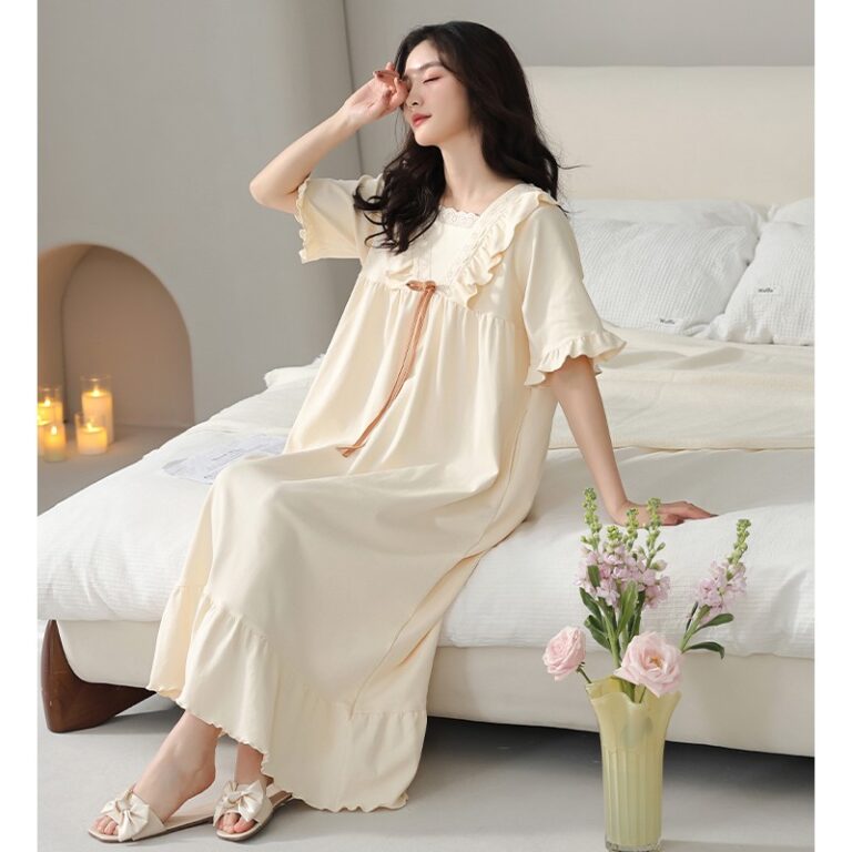 CHINEE-New-Cotton-Nightdress-for-Women-Solid-Pattern-Short-Summer-Sleeve-Mid-Length-Loose-Maternity-Homewear