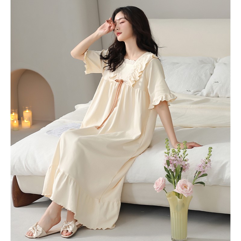 CHINEE New Cotton Nightdress for Women Solid Pattern Short Summer Sleeve Mid-Length Loose Maternity Homewear