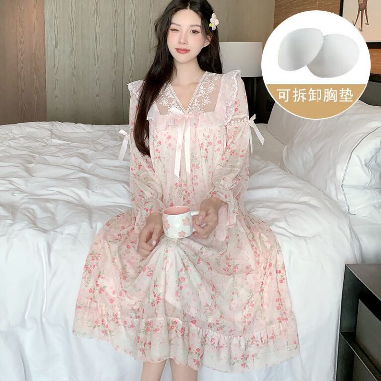 CHINEE-New-Design-Fragmented-Floral-Nightgown-With-Chest-Cushion-for-Women-Long-Sleeved-Pajamas-Mesh-Loose-Nightdress-Home-Clothing