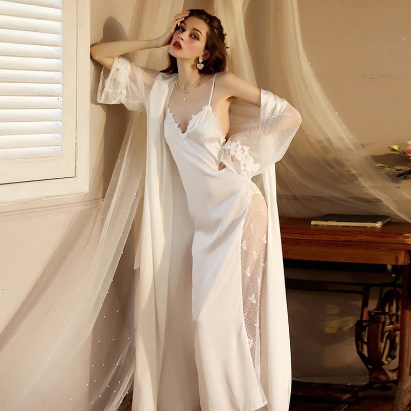 CHINEE New Elegant Sexy Long sleeved Satin Robe Women V Neck Full length Home Wear Custom Logo Leisure 141 160g m Model 6076