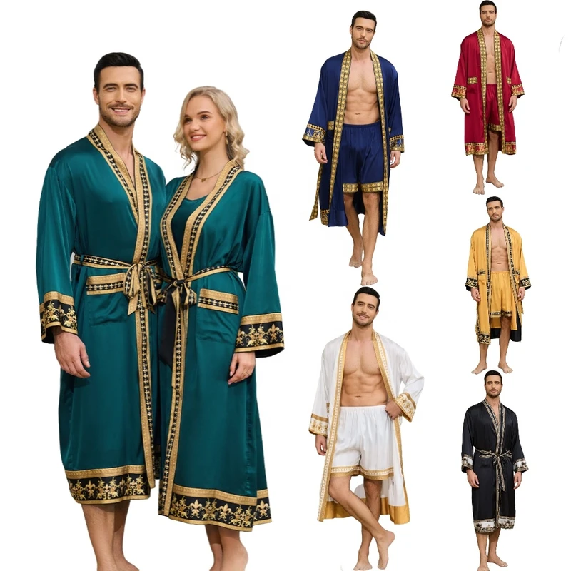 CHINEE New European Baroque style Satin Long Robe and Short Pants Set Sleeping Robe for Men Home Wear Pajamas